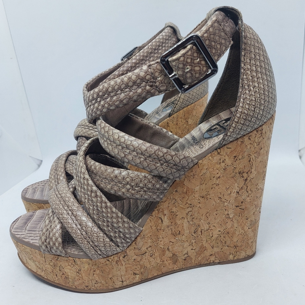 Tory Burch Jeanine Snake Print Leather Strap Cork Wedge Sandals Womens Size 7M